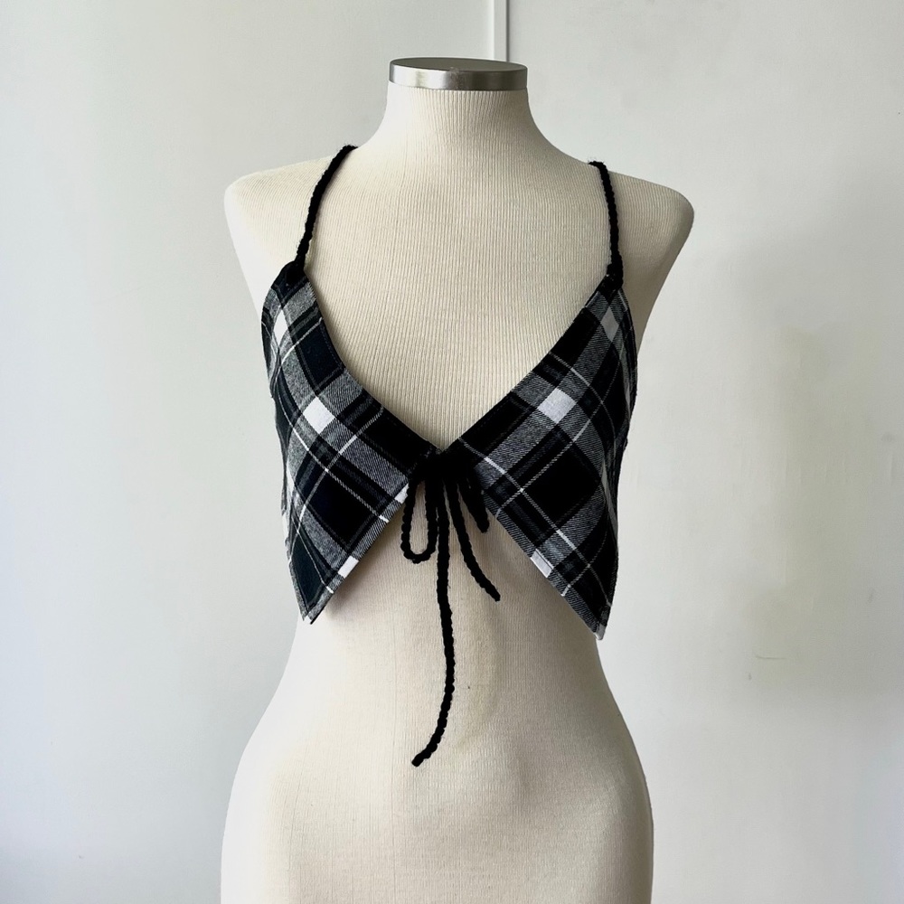 Plaid top with crochet front tie and straps 🖤
